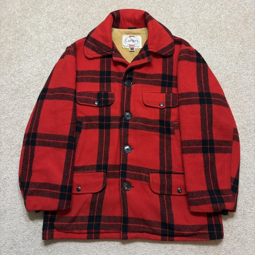 Vtg Carter's Coat Mens 40 Red Buffalo Plaid Wool‎ Hunting Cruiser Talon 50s 60s